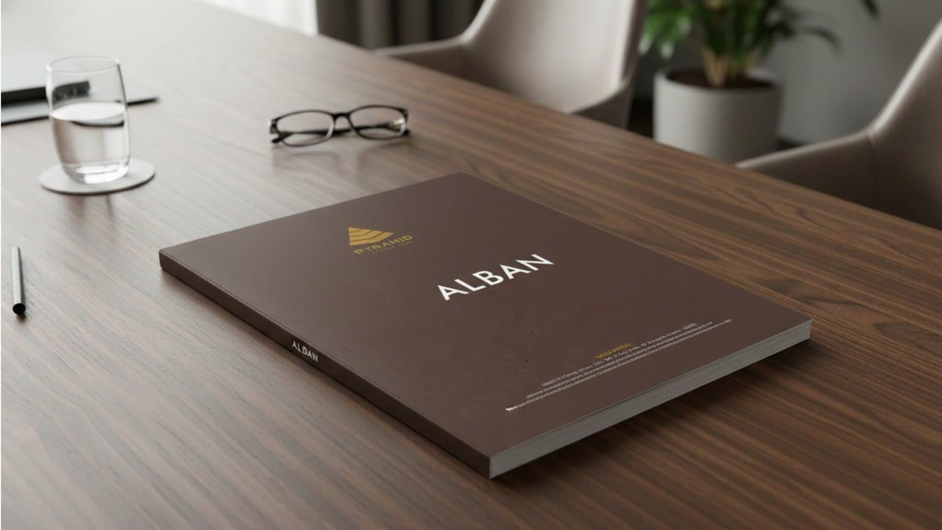 Alban brochure cover in brown with a gold mark on a desk