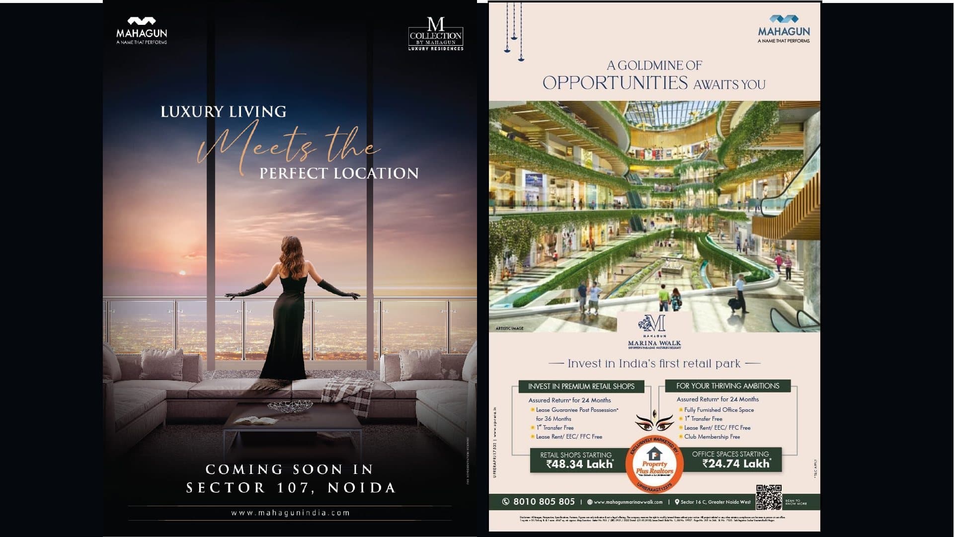Mahagun press ads: Luxury living meets the perfect location; Marina Walk